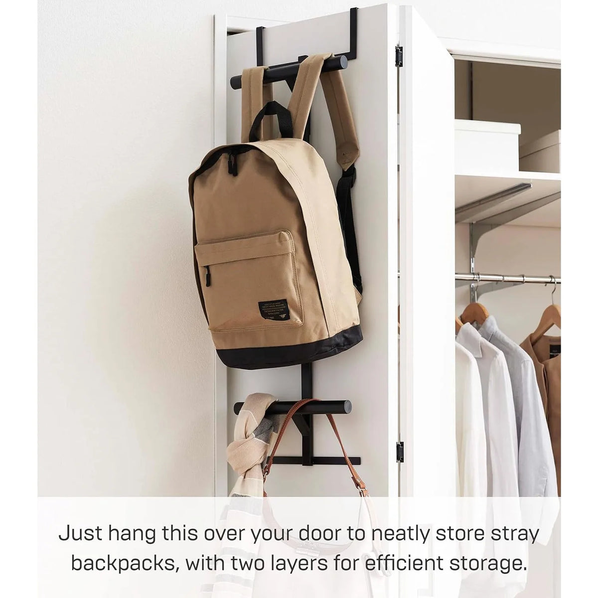 Home Tower Backpack Over The Door Hanger for Closet Or Bedroom, Two-Tiered Bookbag Metal Storage Rack