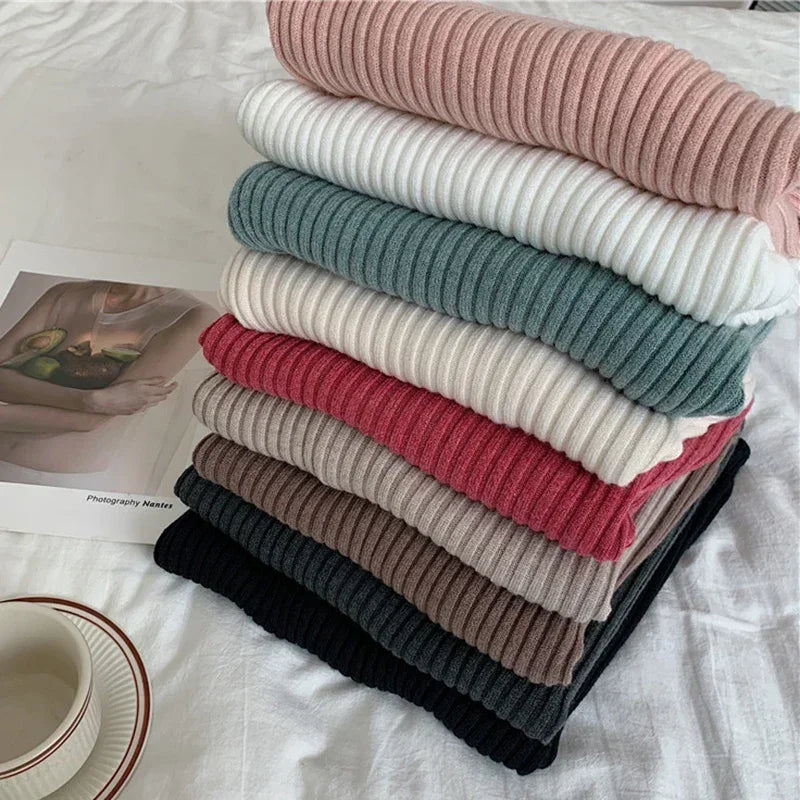 Autumn Winter Warm Thick Women Sweater Pullover Basic Korea Ribbed Sweaters Cotton Tops Knitted Solid Turtleneck with Thumb Hole