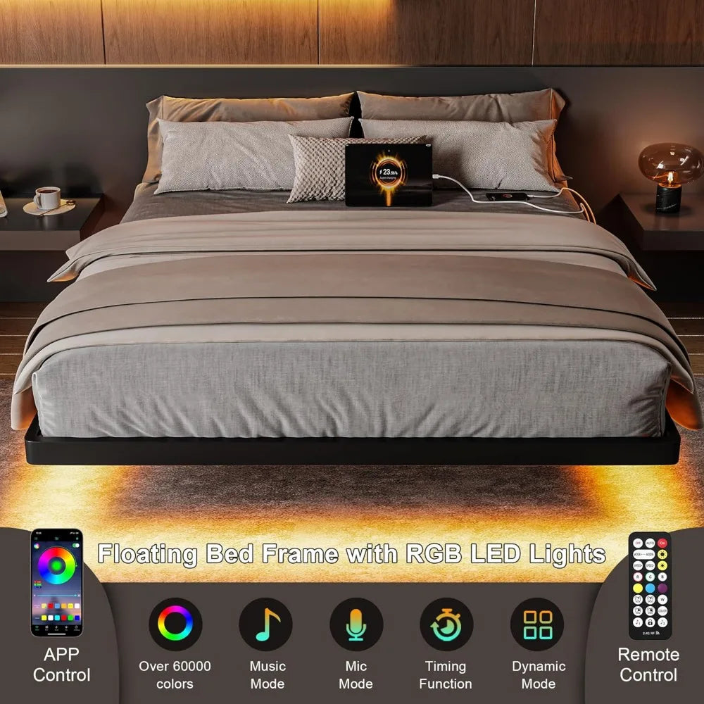 Full Size Floating Bed Frame with Charging Station, LED Lights, Heavy Duty Steel Slats, Easy Assembly in Black