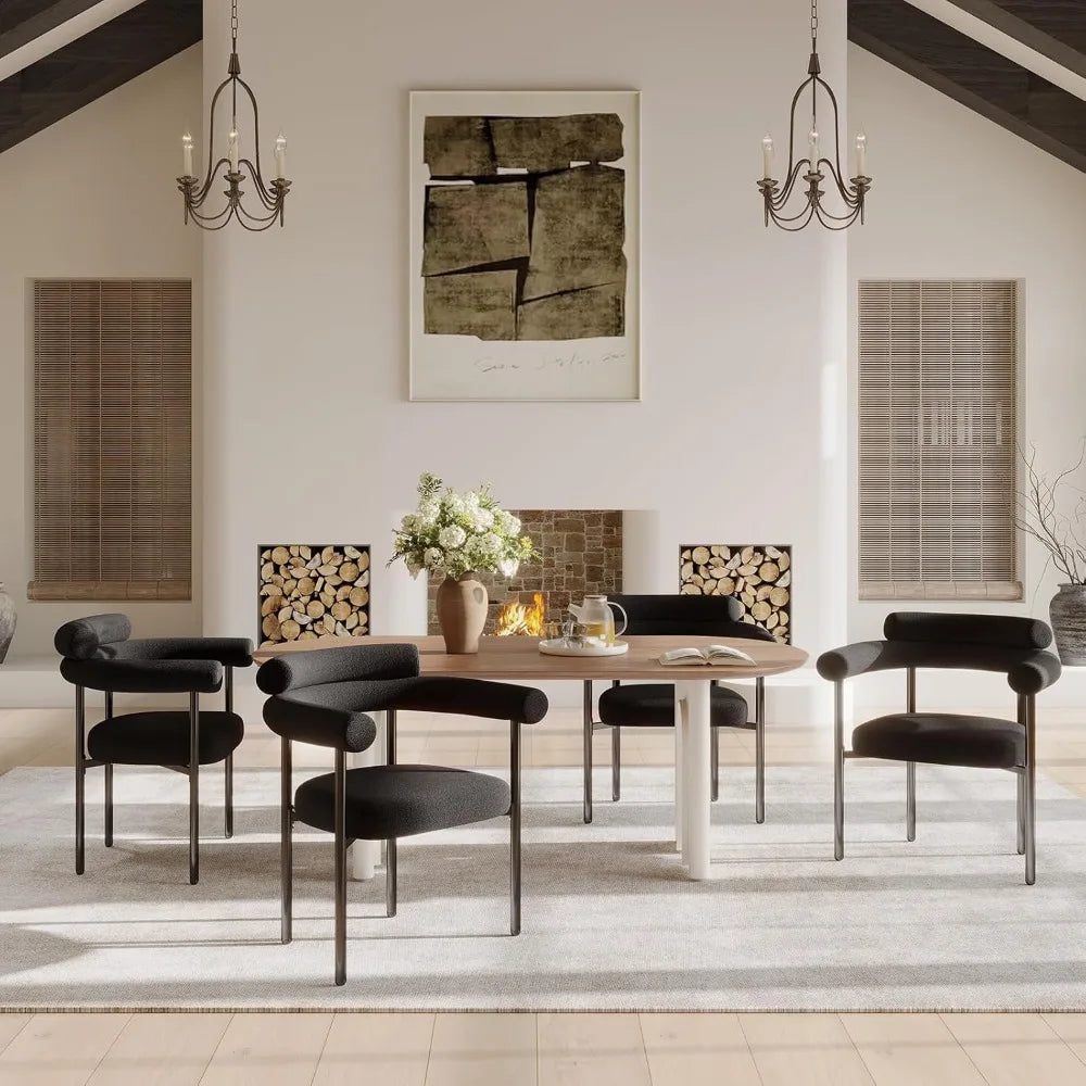 Modern Black Boucle Dining Chairs Set, 2-Piece Kitchen & Dining Room Chairs with Arms, Barrel Style for Contemporary Dining