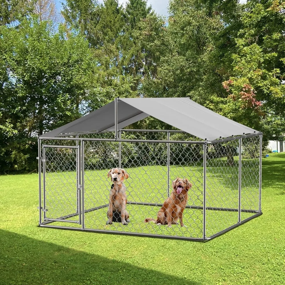 Large Outdoor Dog Kennel, Heavy Duty Galvanized Steel Dog Enclosure with Waterproof UV-Resistant Cover, Lockable Door Chain Link