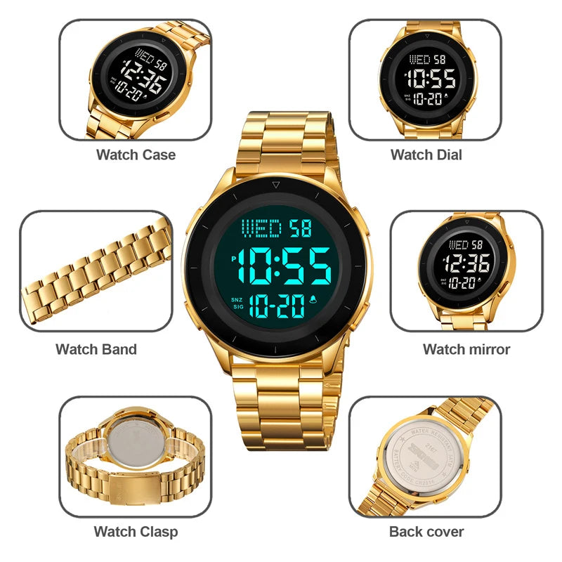 Skmei Dual Time Zone LED Digital Wristwatch Luxury Steeel Band 3Bar Waterproof Alarm Clock Mens Military Sports Bracelet Watches