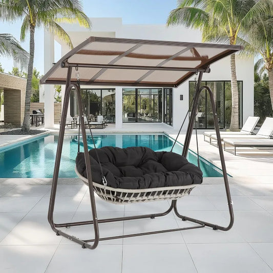 2Person Outdoor Porch Swing with Adjustable Hardtop Canopy 5.9 Thick Cushions WeatherResistant Rattan Patio Swing Chair with St