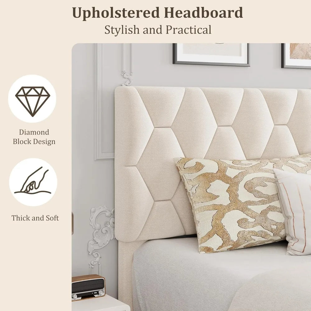 Beige King-Size Upholstered Headboard Bed Frame, Sturdy Wood Platform Base with Adjustable Headrest