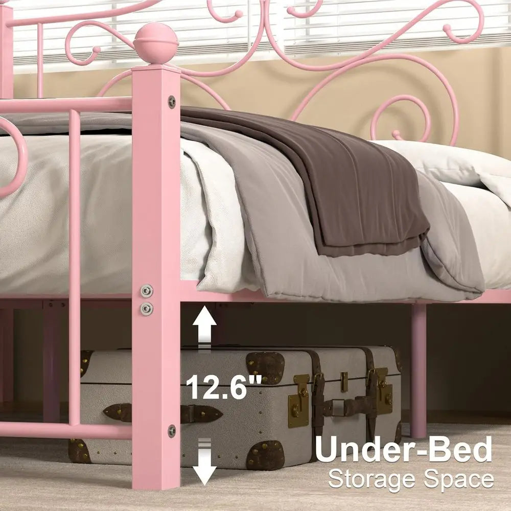 Queen Size Metal Bed Frame with Headboard & Footboard, Slat Support, No Box Spring, Easy Assembly, Light Pink