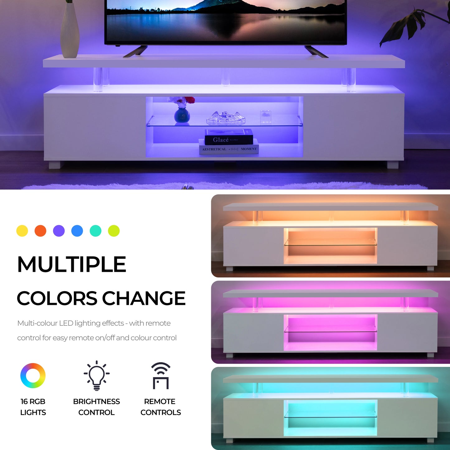 Cubehom LED TV Stand White Entertainment Center, Gaming Center for 60 65inch TV with Storage, TV Stands for Gaming Living