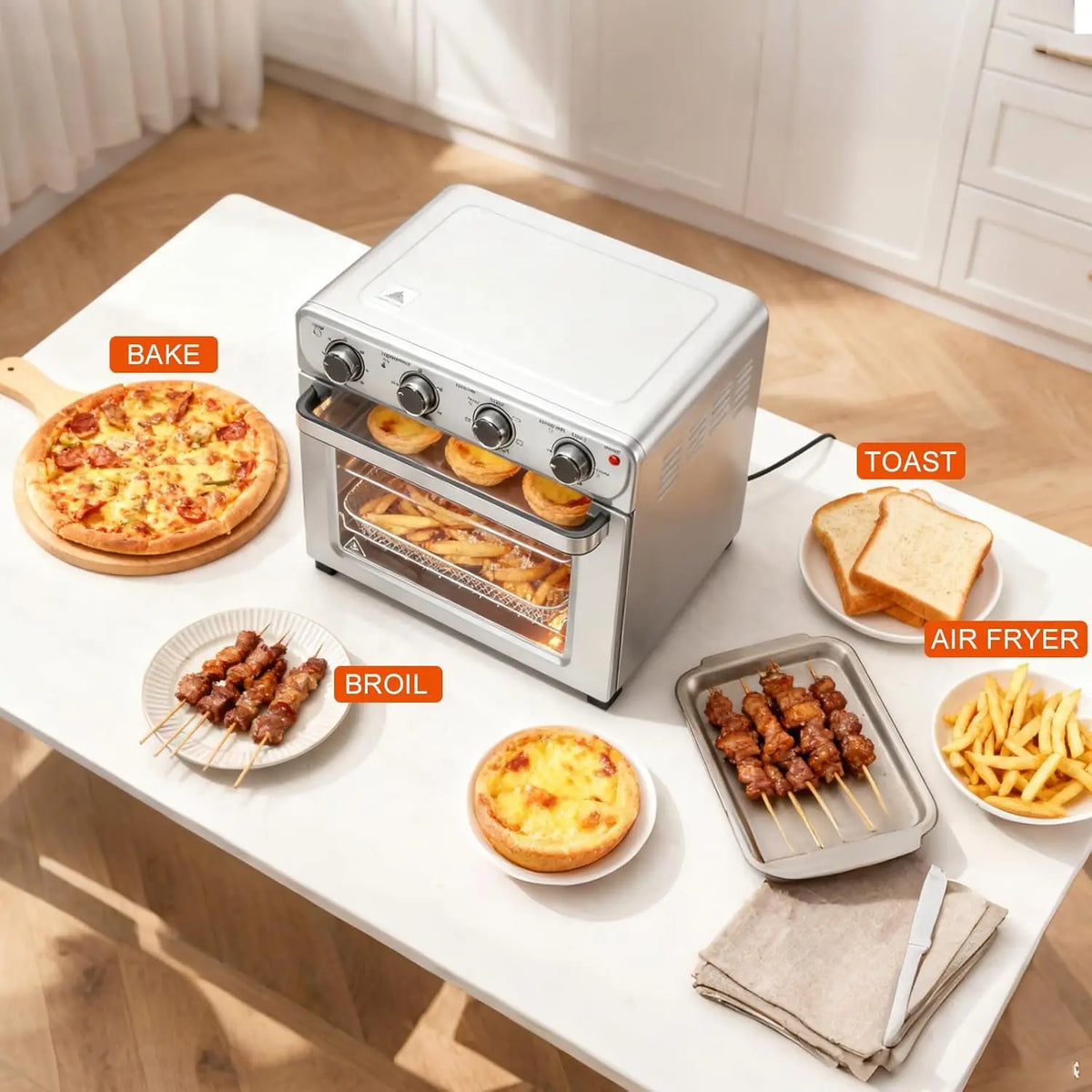 Air Fryer Toaster Oven Combo 26.4QT, 4-in-1 Convection Countertop Oven, Stainless Steel, 450°F, Includes 4 Accessories