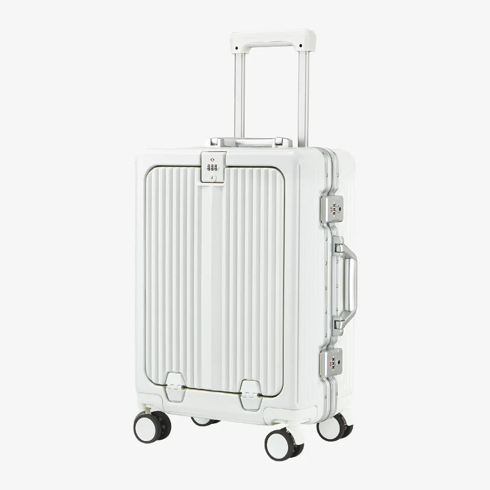 Front Opening Pocket Suitcase with Aluminum Alloy Frame Lock Trolley Bags Travel Rolling Luggage USB Charging Plug Spinner Wheel