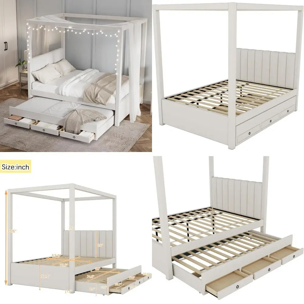 Full Size Linen-Upholstered Canopy Bed with Trundle and Storage Drawers, Wooden Platform Frame