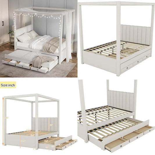 Full Size Linen-Upholstered Canopy Bed with Trundle and Storage Drawers, Wooden Platform Frame