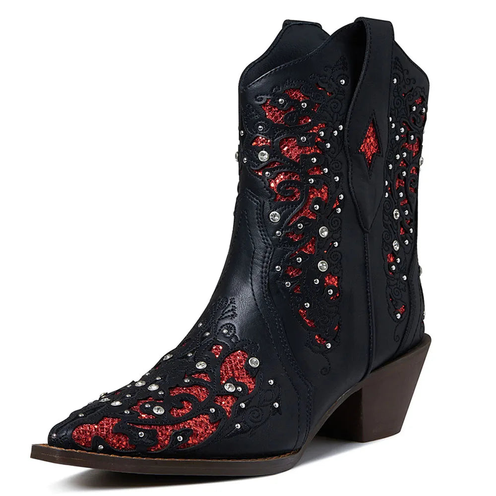 DoraTasia Embroidered Pointed Toe Women Ankle Boots Chunky High Heel Slip-On Crystals Western Boot For Woman Fashion Retro Shoes