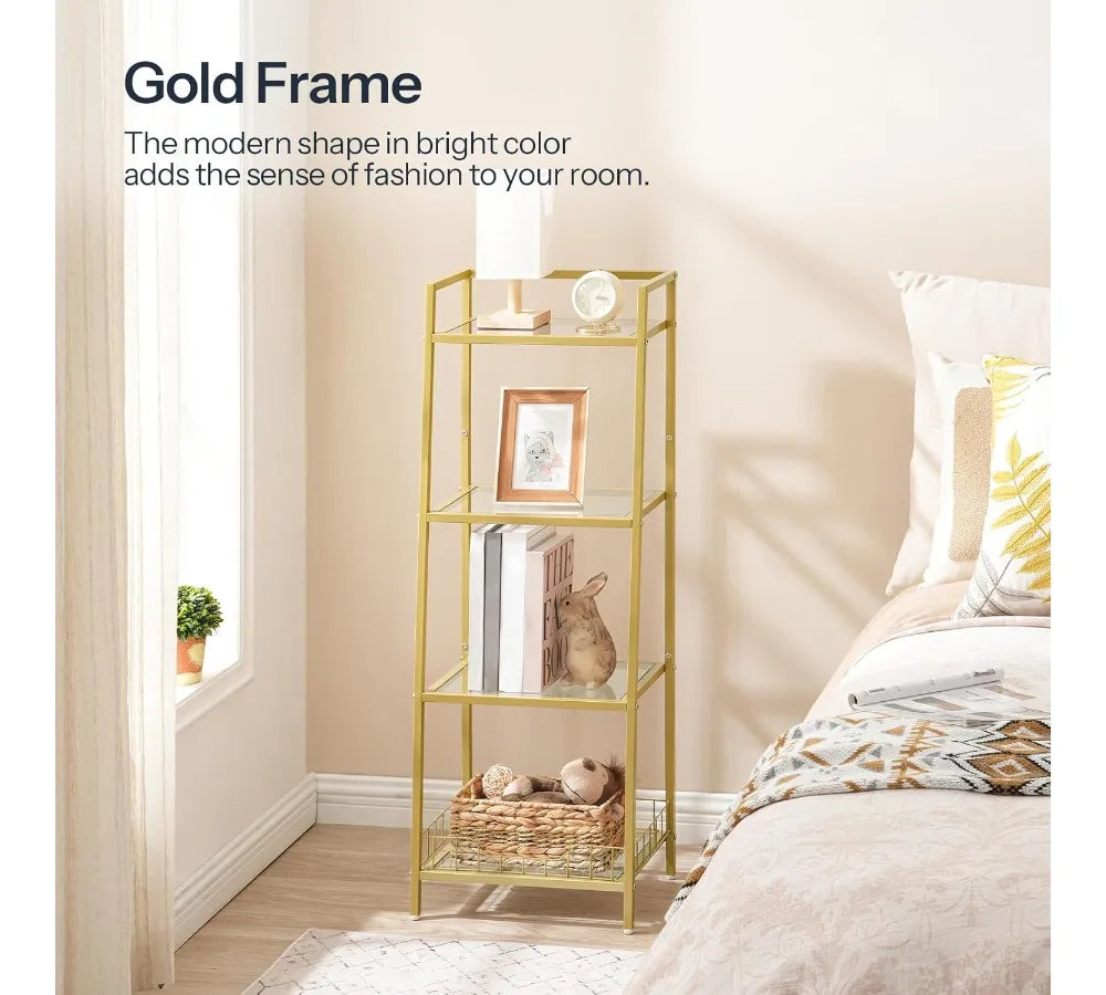 4-Tier Gold Glass Shelf Stand, Waterproof Bathroom Organizer with Tempered Glass, Floor Storage for Small Spaces