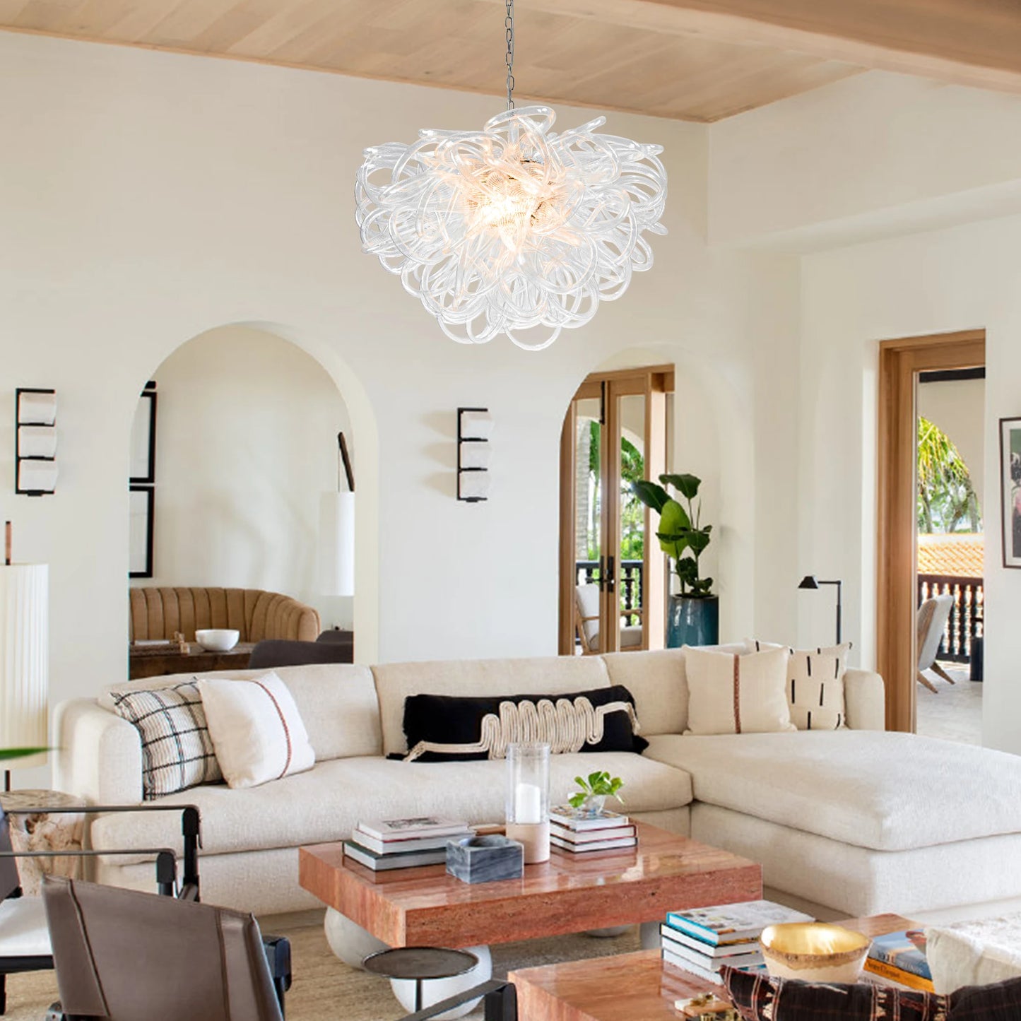 LONGREE Handmade Blown Glass Chandelier Clear Glass Lassos Nordic Design Ceiling Chandelier Light Fixture for Home Living Room