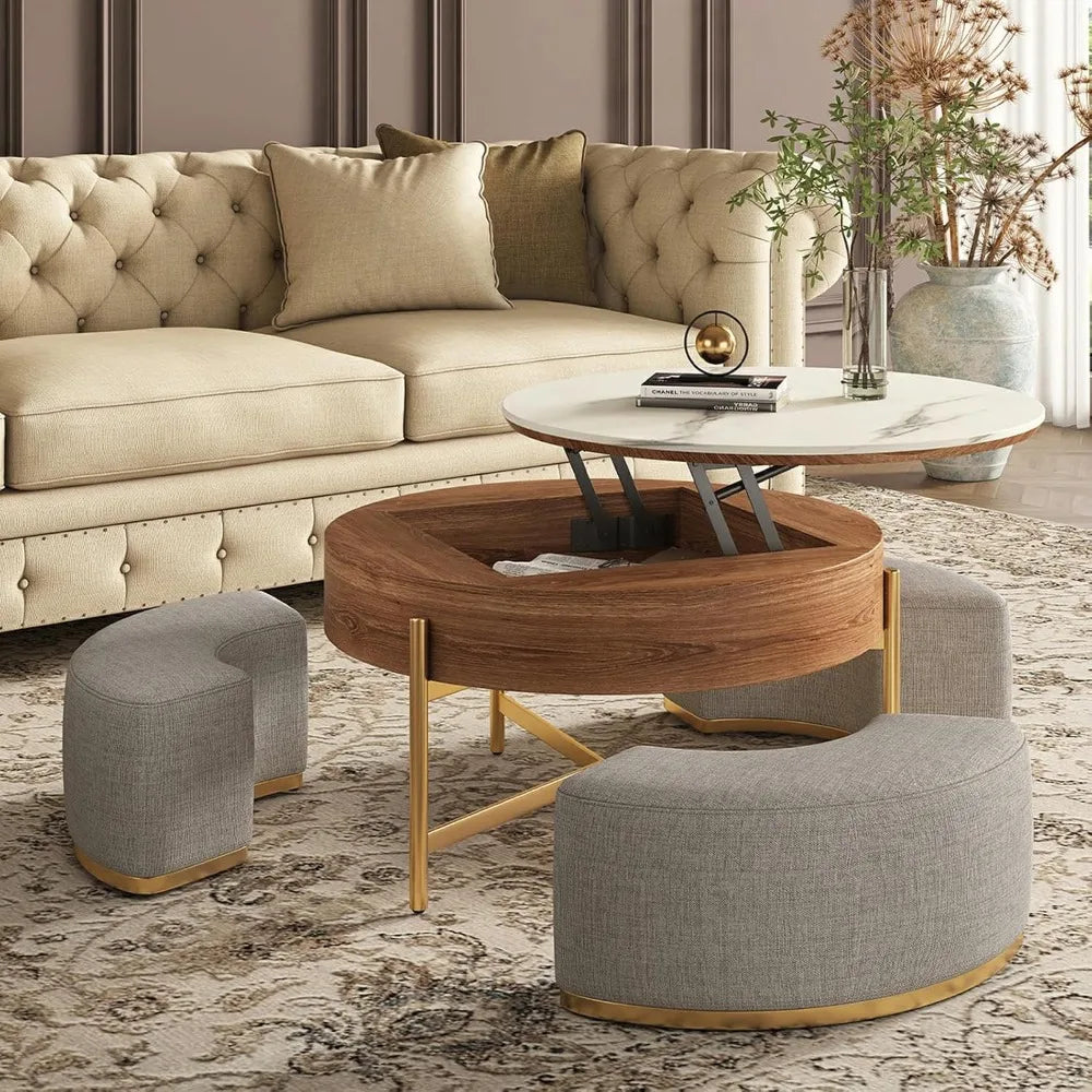 32'' Elegant Round Lift-Top Marble Coffee Table Set with Hidden Storage Soft Nesting Ottomans Modern Farmhouse Living Room Decor
