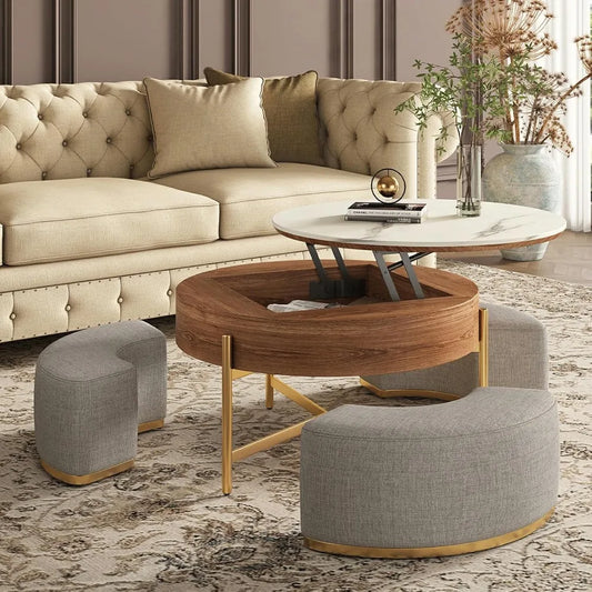 32'' Elegant Round Lift-Top Marble Coffee Table Set with Hidden Storage Soft Nesting Ottomans Modern Farmhouse Living Room Decor