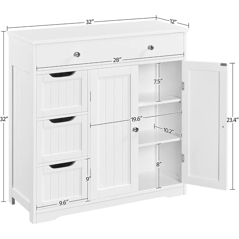 large wooden bathroom floor cabinet with ample storage: featuring 1 large drawer, 3 small drawers, and 2 doors for organization