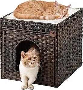Cat Beds for Indoor Cats Extra Large Double Cat Cave Pet Cube, Handwoven Rattan Cat Houses with Double-Sided Soft Cushions, 18.5