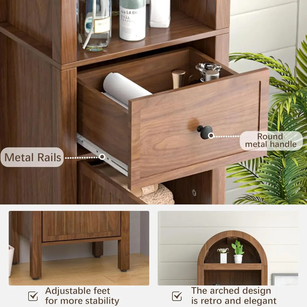 Elegant Tall Bathroom Storage Cabinet with Adjustable Shelves, Slim Arched Tower Cabinet Featuring Fluted Doors and Drawers
