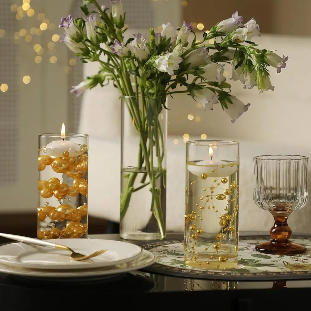 12 Glass Cylinder Vases with Pearl Strings & White Floating Candles for Wedding Party Centerpieces, Home Decor, 5-8 Inch