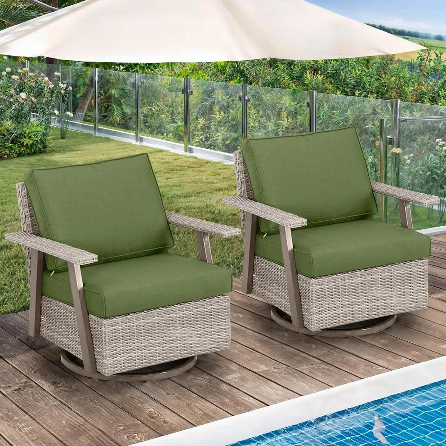 2 Pieces Oversized Outdoor 360° Swivel Rocker Patio Chairs Set, Swiveling Rocking Glider Chairs Set of 2, PE Wicker Rattan Outdo