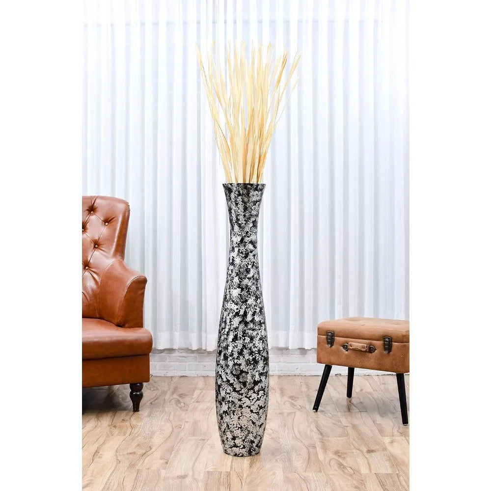Large Silver Wooden Floor Vase - 41 Tall Decorative Holder for Artificial Plants & Pampas Grass