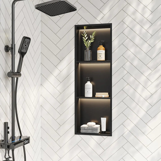 3-Tier 12x36“ Recessed Shower Niche with LED Light, Matte Black Stainless Steel Wall-Mounted Bathroom Shelf, 3000K Warm