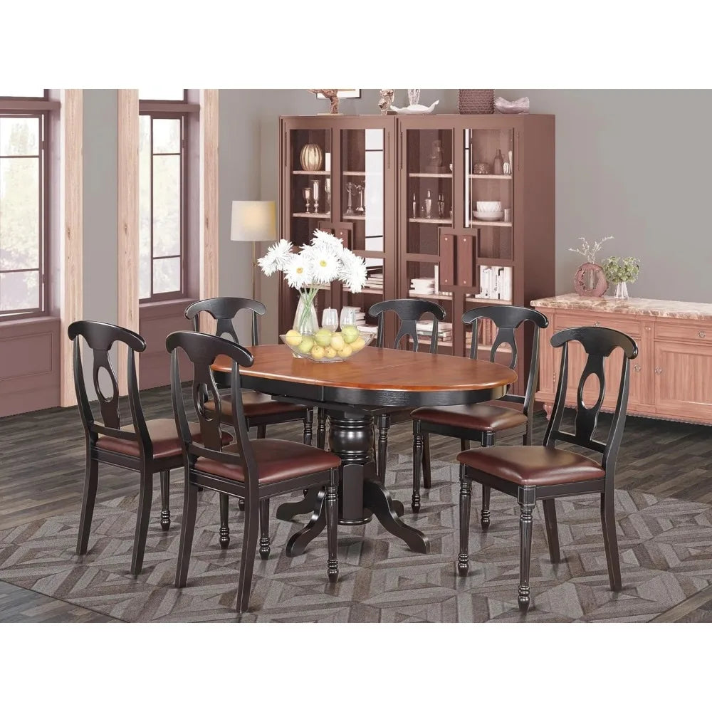 Modern 7-Piece Dining Set with Oval Table and Butterfly Leaf, Including 6 Faux Leather Chairs