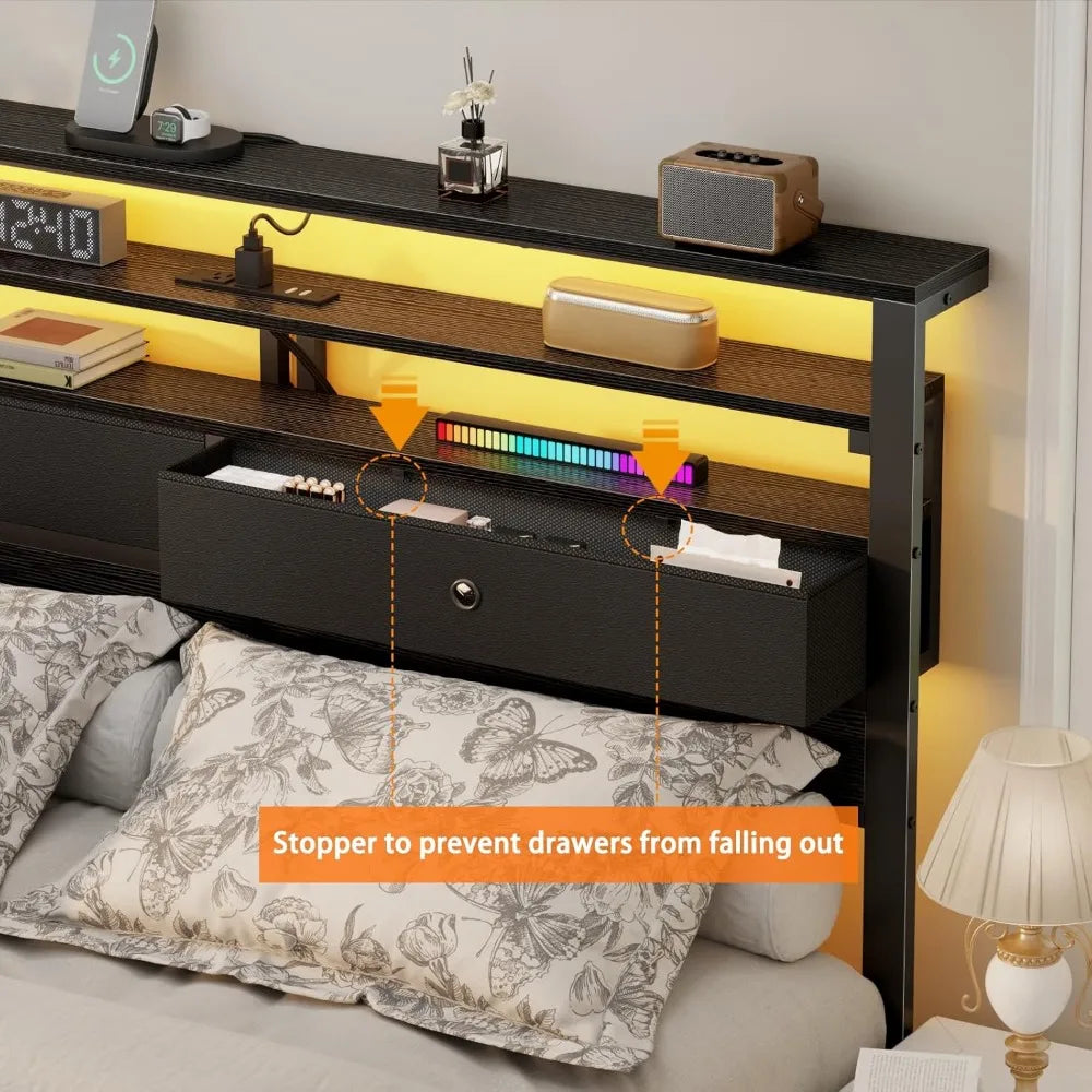 Furnulem Queen Bed Frame with Headboard & 2 Fabric Drawers, Bed Frame Queen Size Featuring LED Lights, Built-in Charging Station