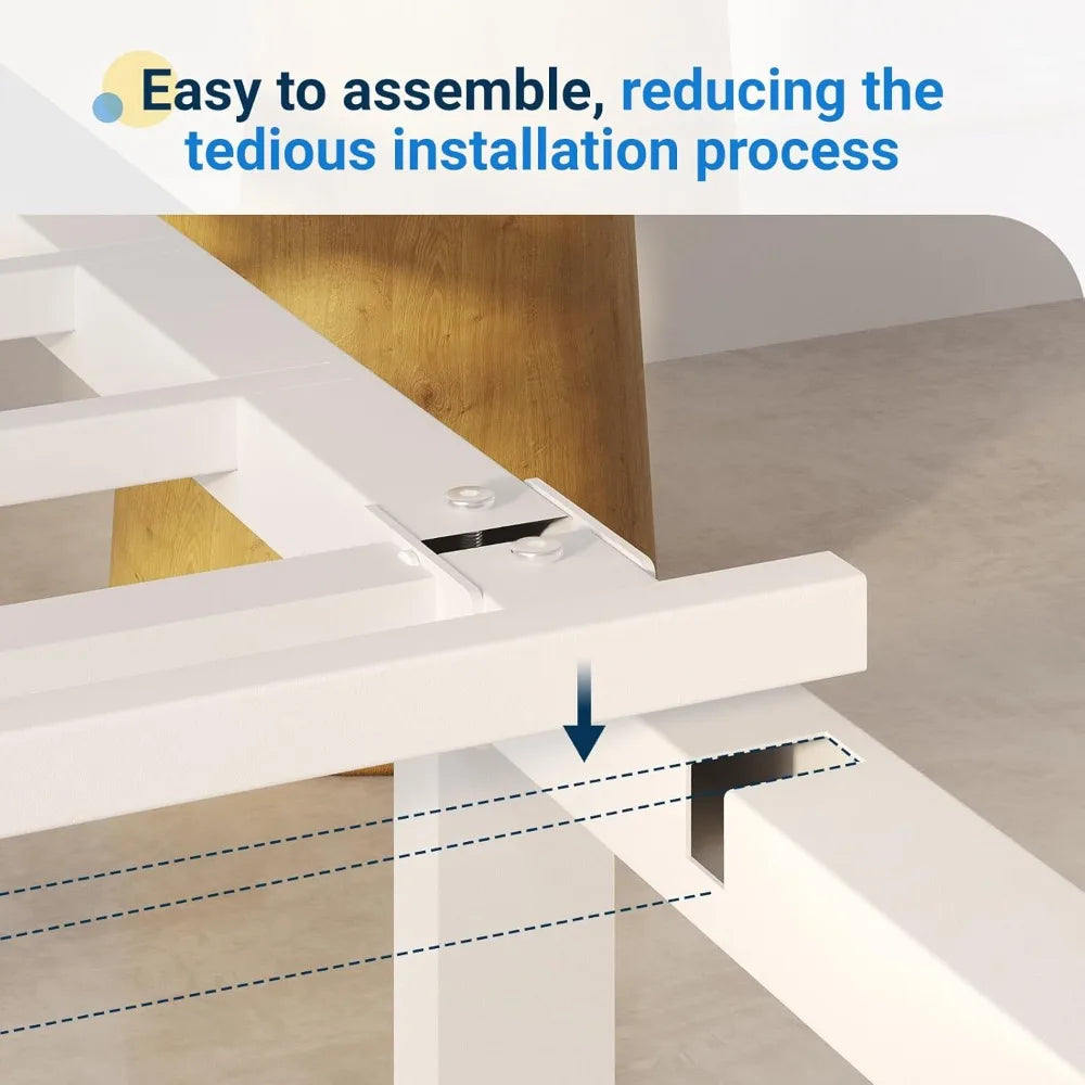 White Metal Full Size Bed Frame with Headboard, 18 Inch Platform Bed, No Box Spring Needed, Easy Assembly