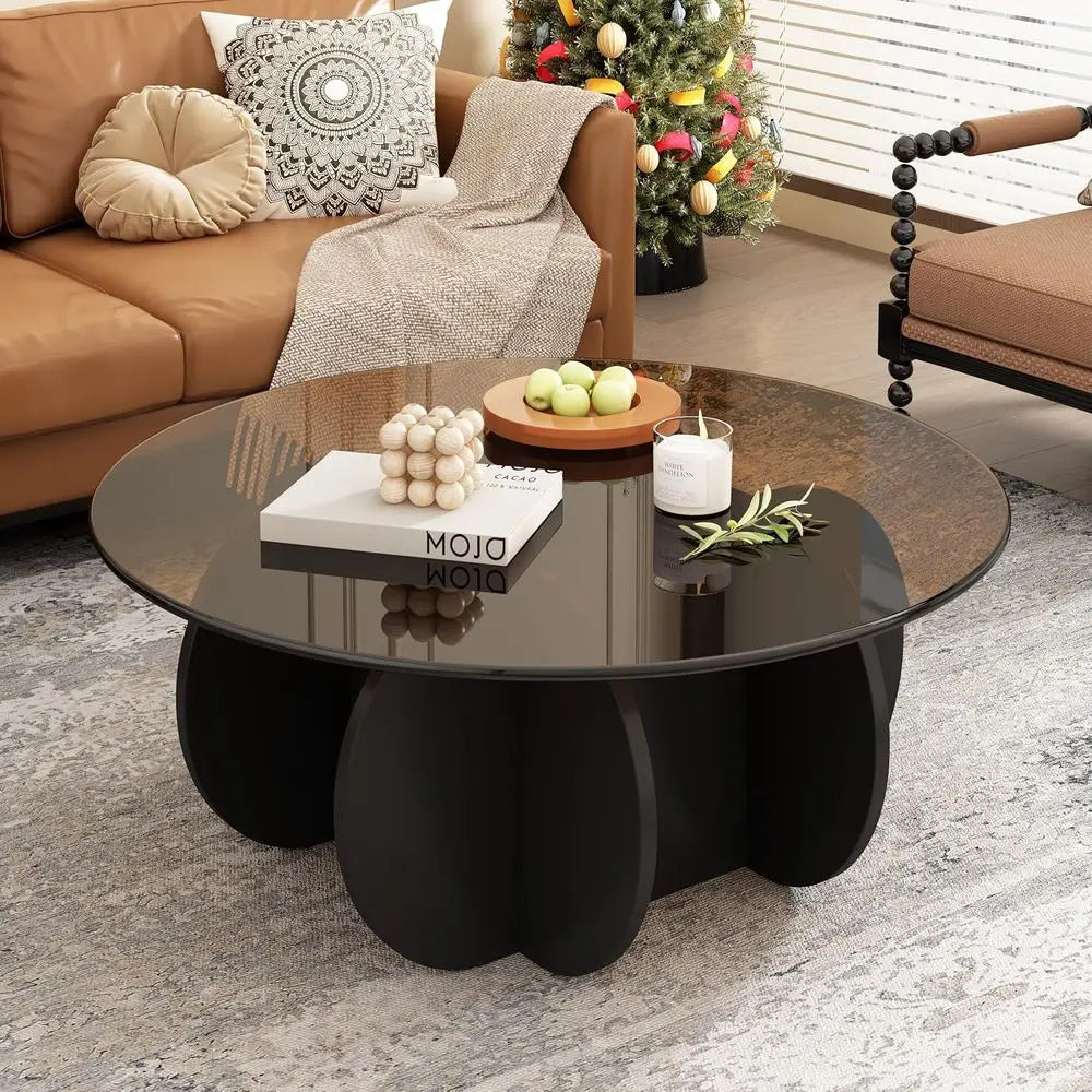 Mid-Century Modern 31.5 Round Glass Coffee Table, Black & Brown, Ideal for Small Spaces & Home Offices