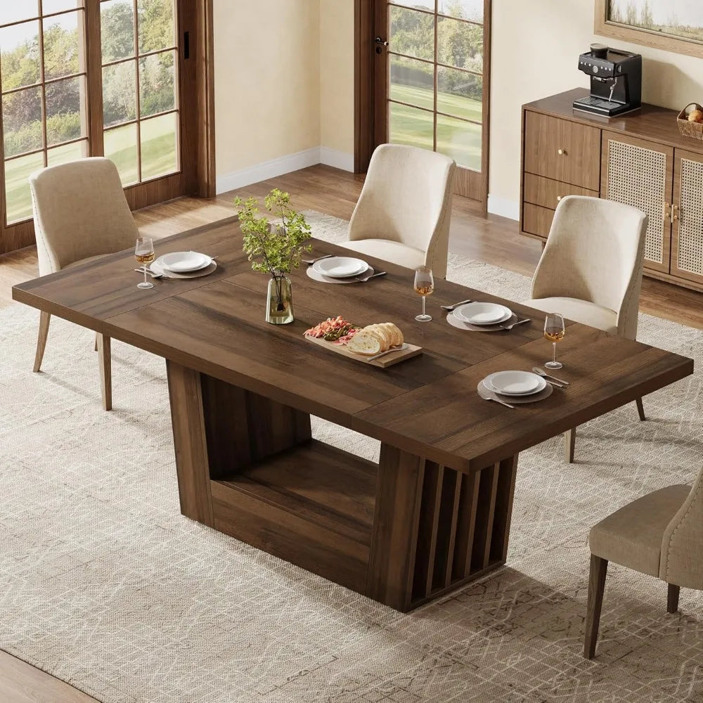 Farmhouse Style Rectangular Dining Table Seats 4-6, Heavy Duty Base, Wooden Kitchen Dinner Furniture for Casual Dining