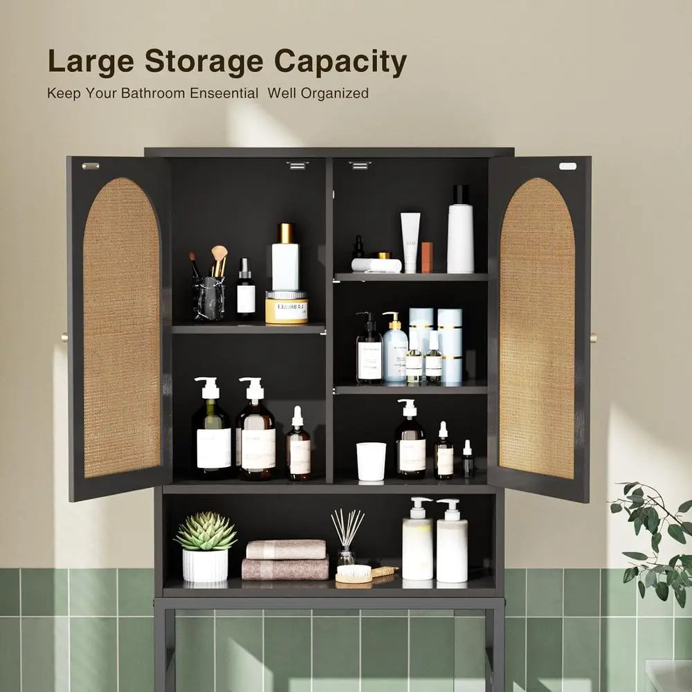 Black Rattan Wood Over-the-Rack Bathroom Storage Cabinet with Adjustable Shelf and Metal Stand