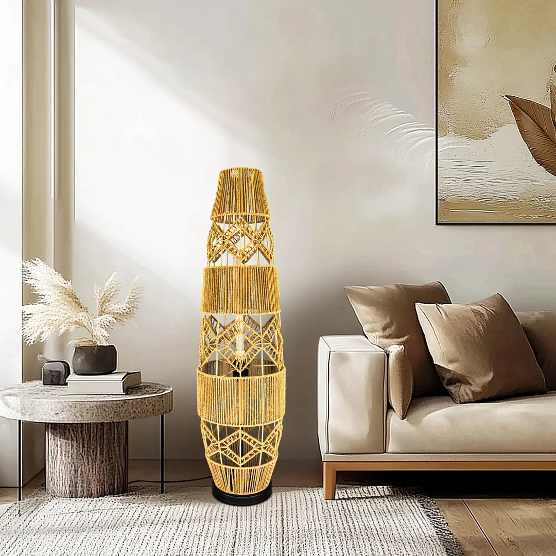 Boho Rattan Floor Lamp Hand-Woven with LED Light Bar, Corner Reading Lamp for Living Room Bedroom