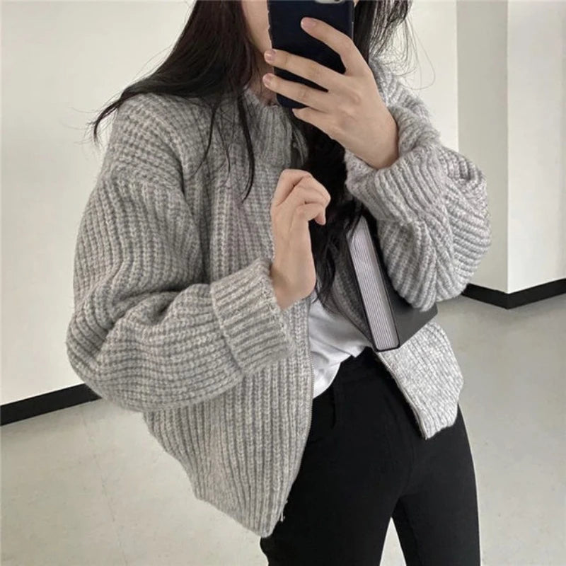 Autumn Elegant Cardigan Zipper Knitwear Winter New Women's Crew Neck Knitted Long sleeved Sweater Solid Color Casual Top