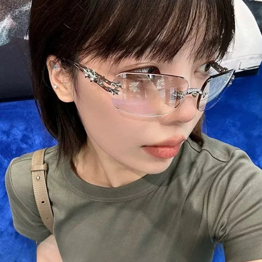 Y2K New Fashion Rimless Square Sunglasses Women Luxury Brand Designer Sun Glasses Punk Popular Hip Hop Rivet Star Shades UV400