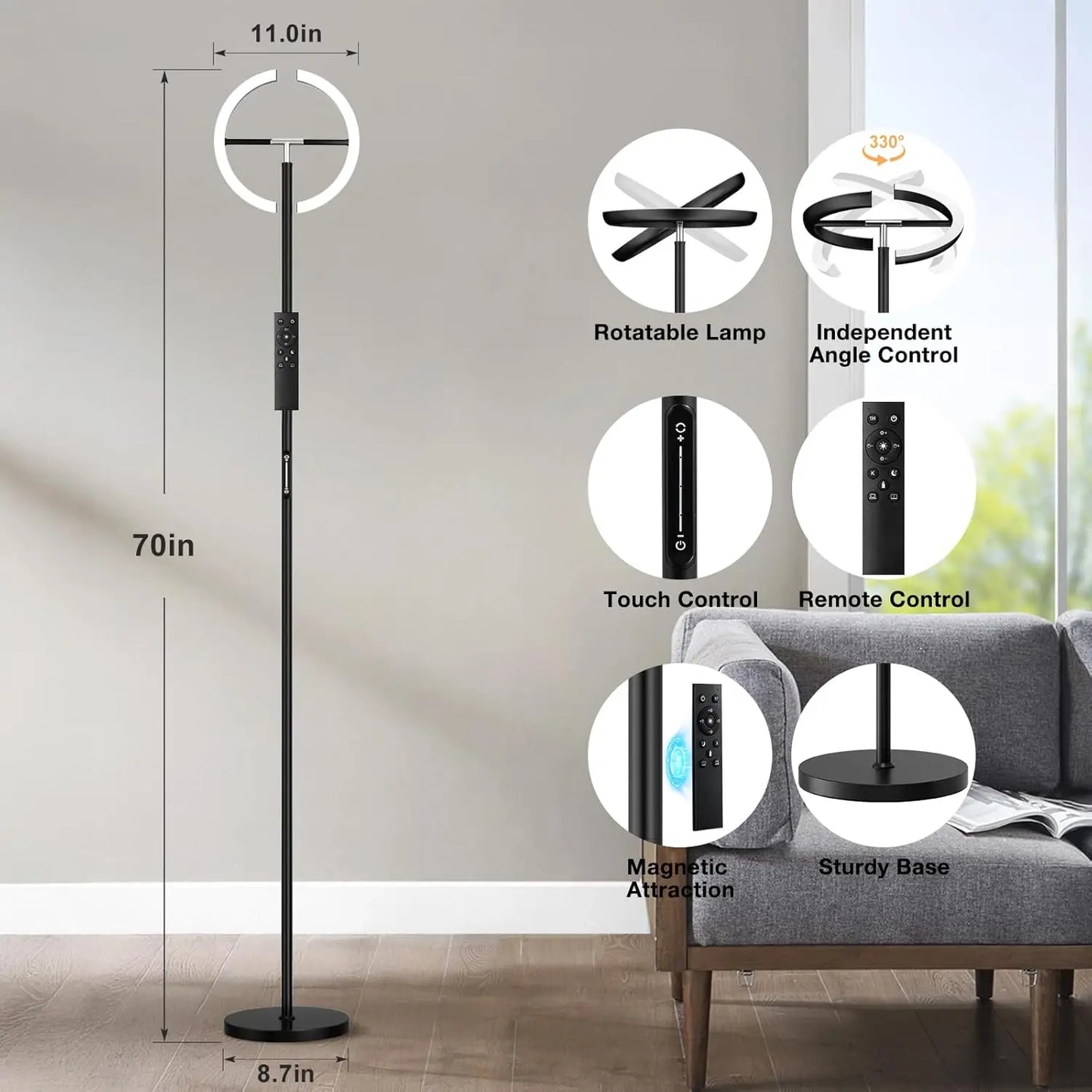 Rotatable LED Floor Lamp, 70' Tall, Touch & Remote Control, Dimmable Torchiere for Living Room, Bedroom, Office