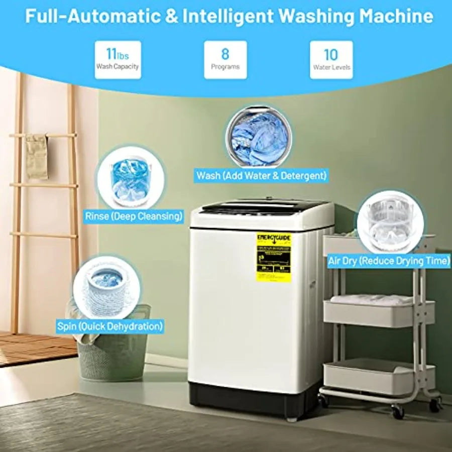 Compact Portable Washing Machine with 11Lbs Capacity FullAutomatic Operation 8 Wash Programs LED Display 10 Water Level Setting