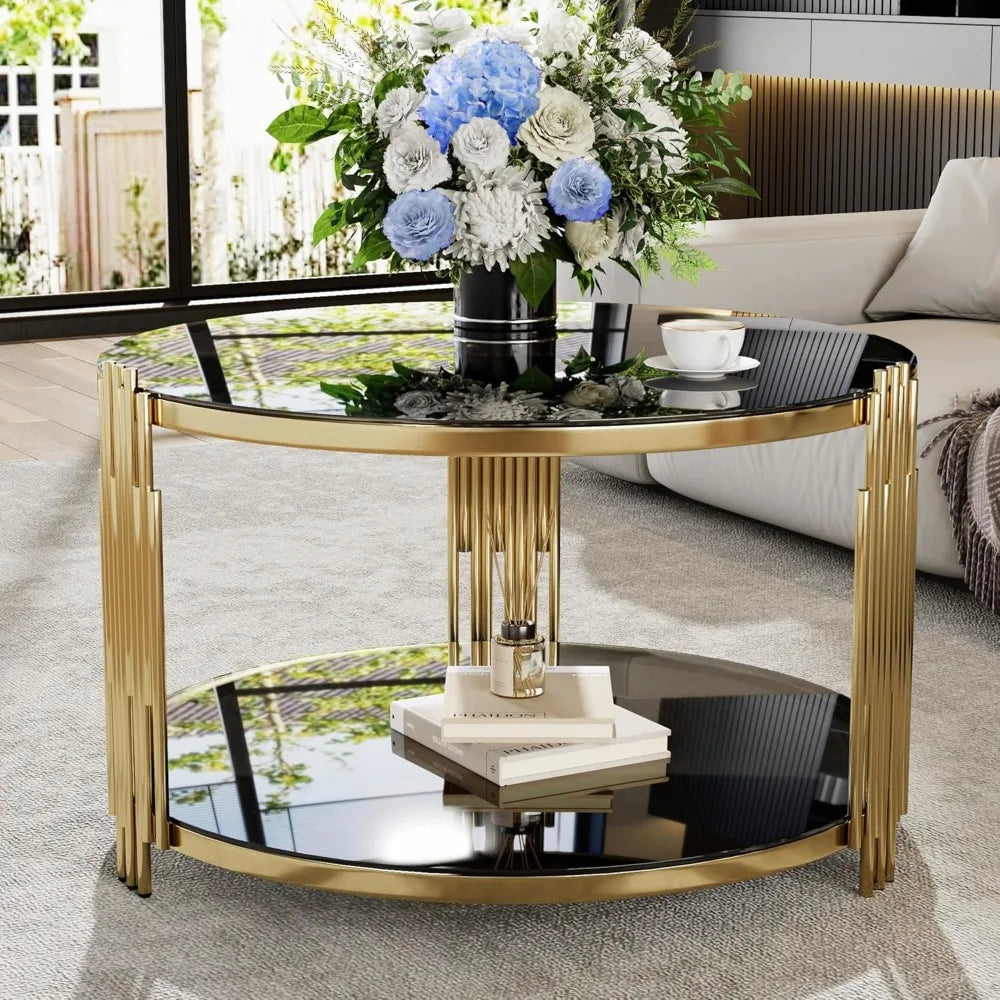 Gold Glass Coffee Table Black Round Modern Living Room Table, Luxury Stainless Steel Irregular Leg Tempered Glass Top, Sofa Cent