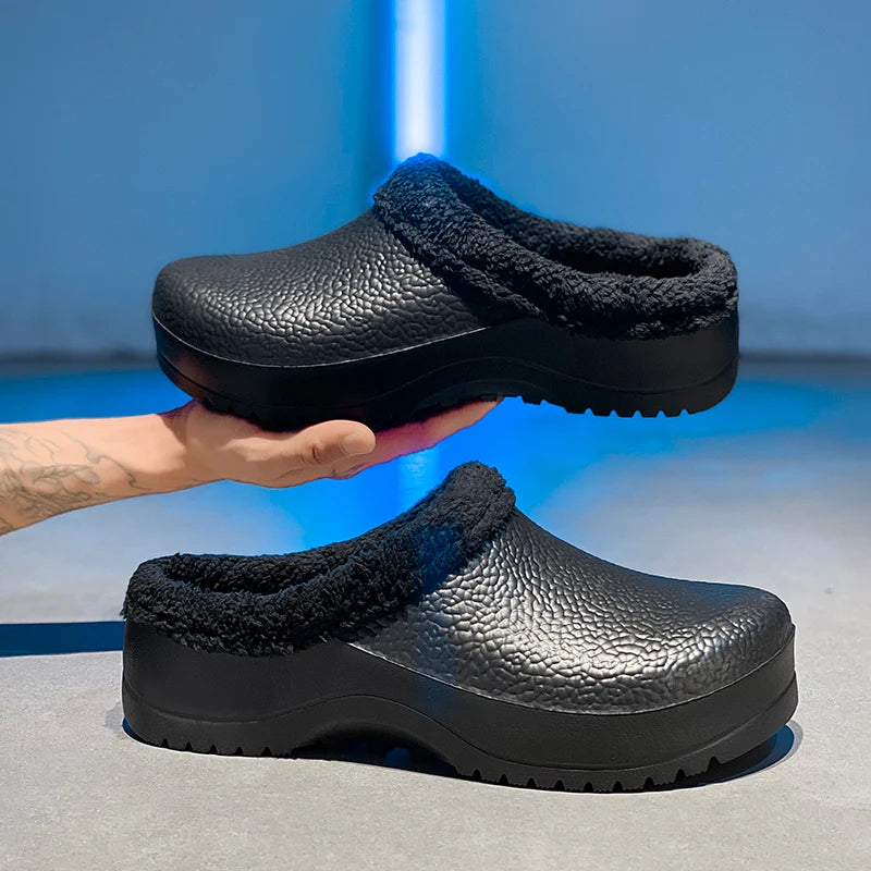 Winter Men Chef Shoes Warm Fur  Men Garden Clogs Cotton Slippers Waterproof Indoor Outdoor Warm Shoes  Bedroom Home Plush Slides