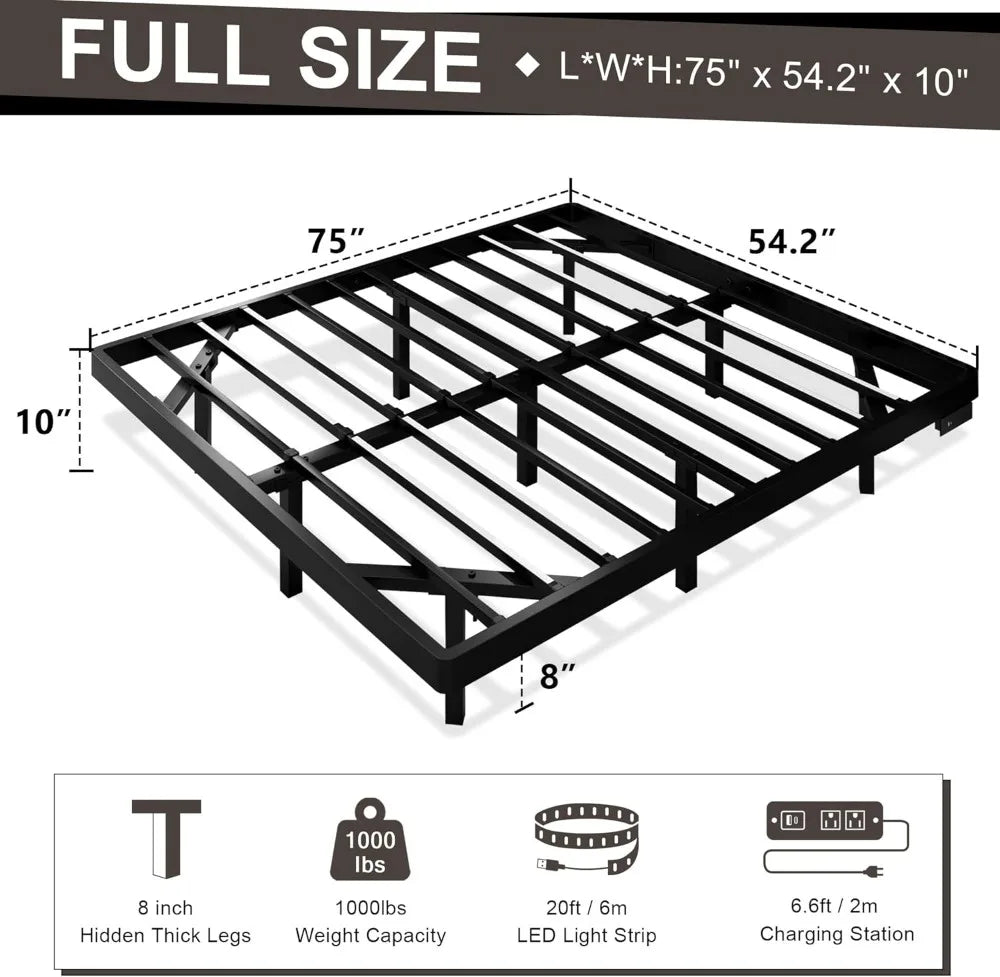 Full Size Floating Bed Frame with Charging Station, LED Lights, Heavy Duty Steel Slats, Easy Assembly in Black