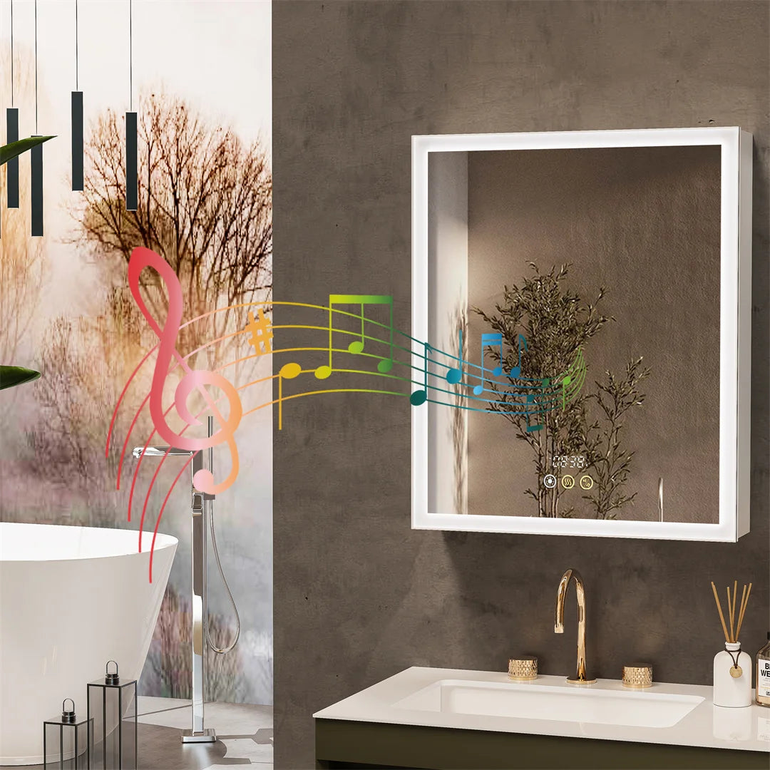 Bluetooth Bathroom Mirror Cabinet Wall Mounted LED Light Mirror Medicine Storage Cabinet Organizer with Build-in Socket Defog