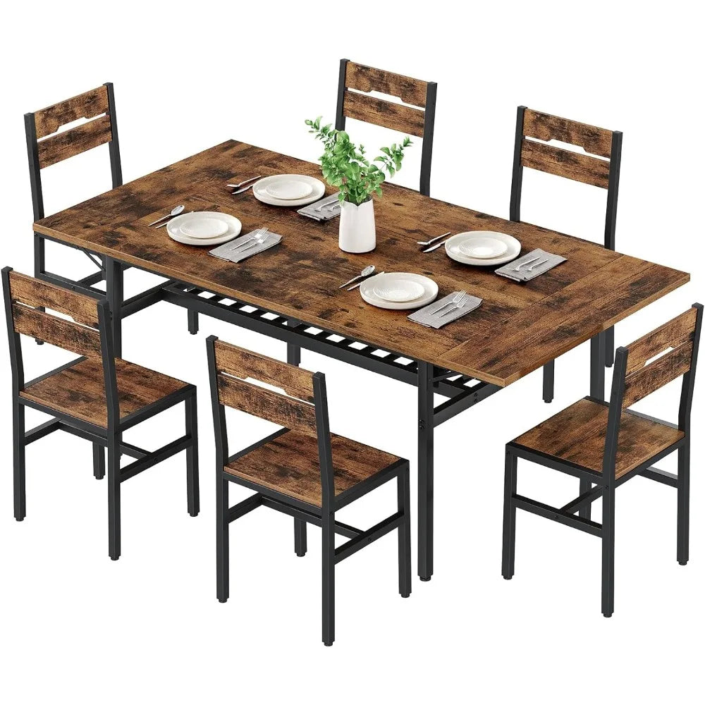 7-Piece Dining Table Set for 4-6, 63 Extendable Kitchen Table and 6 Chairs, Rectangle Dining Room Table Set for 6 with Wine Rack