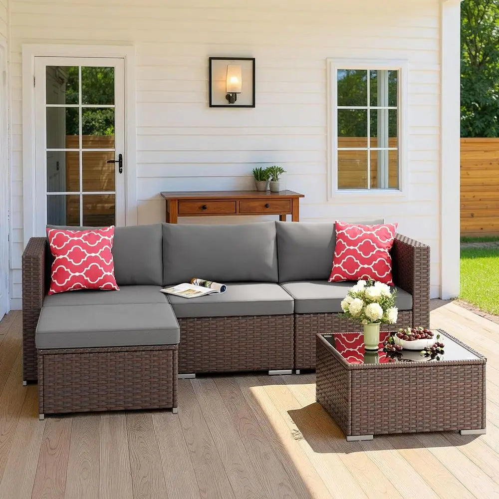 All-Weather Grey Outdoor Wicker Patio Sectional Set with Cushions and Glass Table