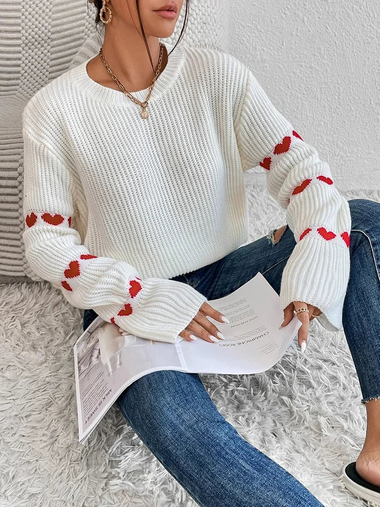 Fashionable and elegant sleeve small heart top women's knitted sweater round neck solid color