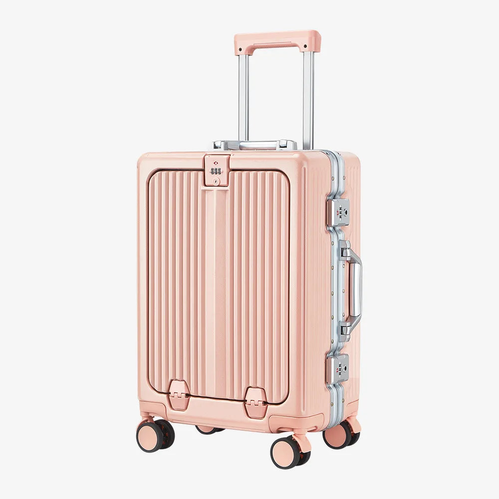 Front Opening Pocket Suitcase with Aluminum Alloy Frame Lock Trolley Bags Travel Rolling Luggage USB Charging Plug Spinner Wheel