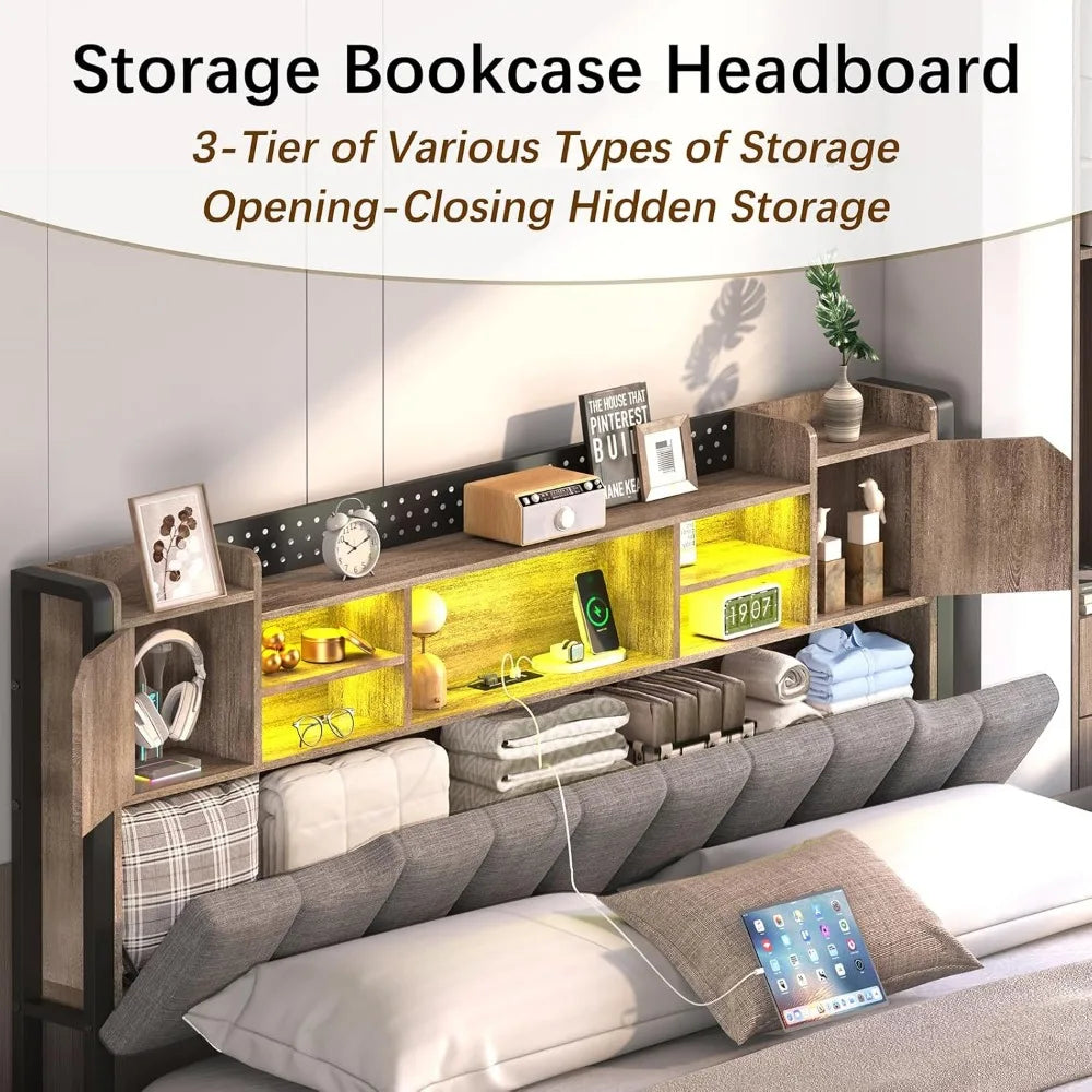 Queen Bed Frame with Storage Bookcase Headboard & LED Lights, Upholstered Bed Frame Queen Size with USB Charging Station, Heavy