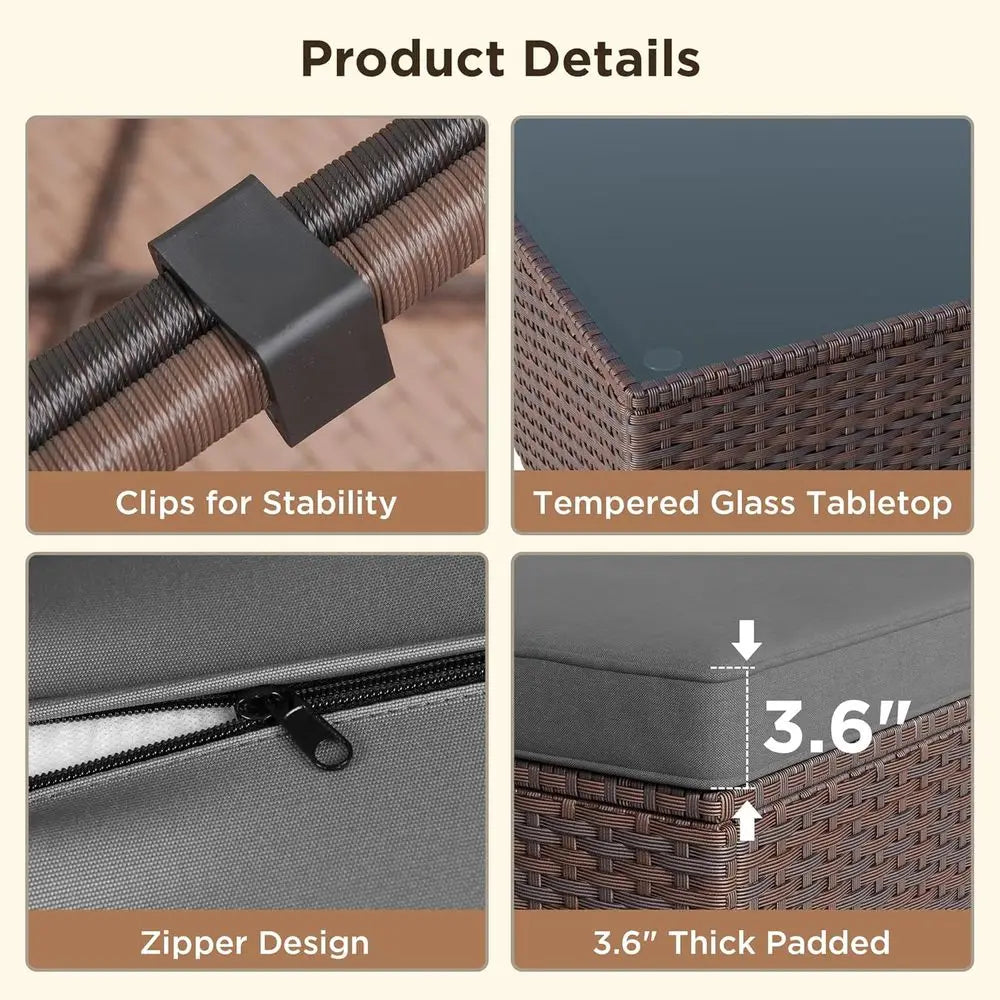 All-Weather Grey Outdoor Wicker Patio Sectional Set with Cushions and Glass Table