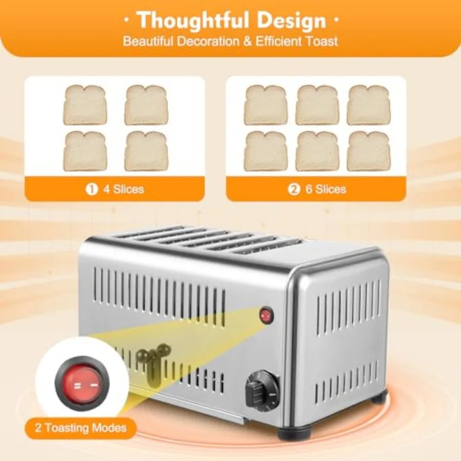 6-Slice Commercial Stainless Steel Bread Toaster with 5 Adjustable Shade Settings 1680W High-Power Baking Machine Featuring Bui