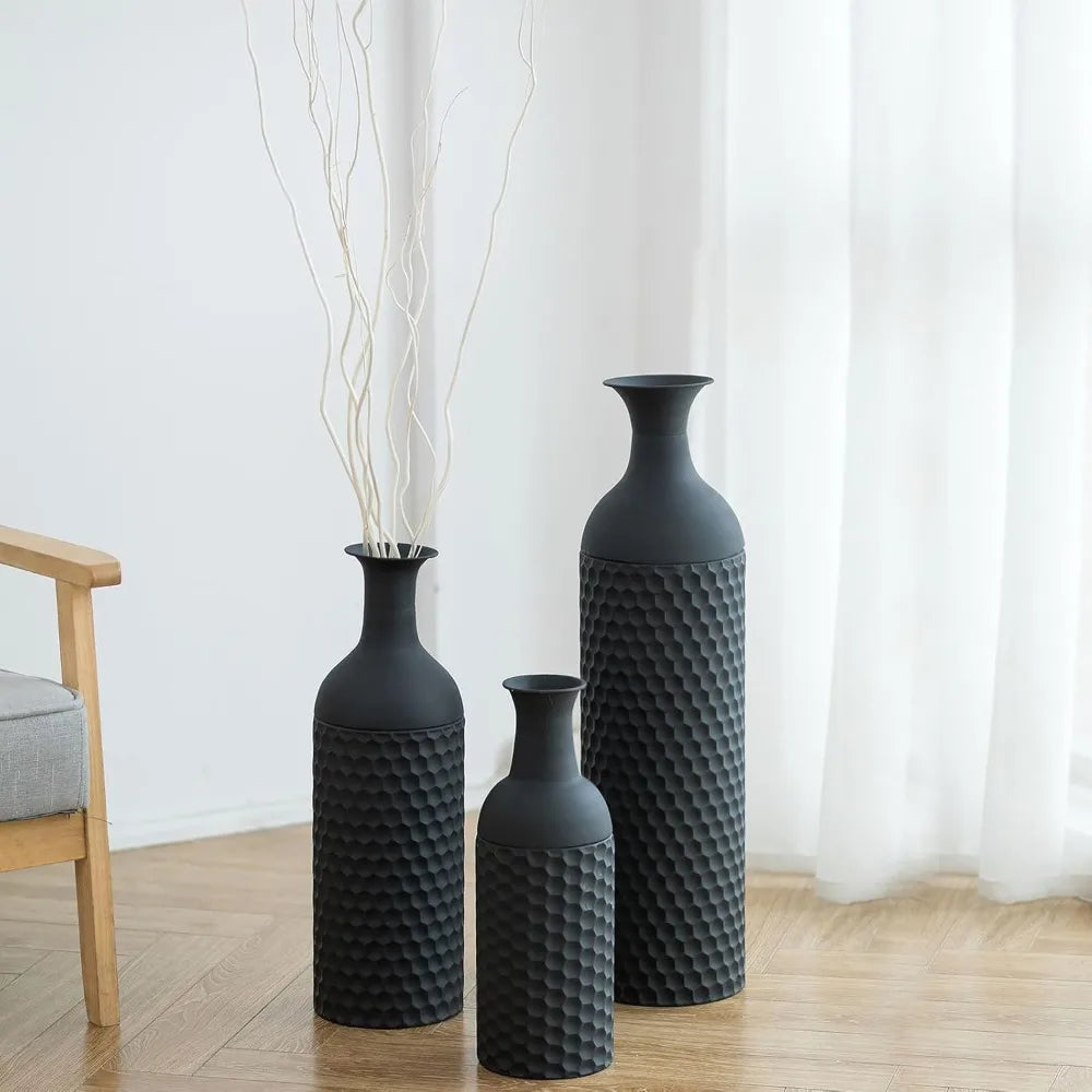 Large Black Tall Vases - Set of 3 Modern Metal Floor Standing Vase with Honeycomb Texture for Living Room Decor
