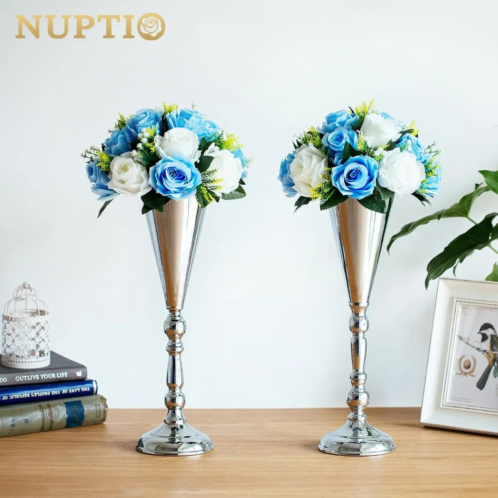 Elegant 16.5 Inch Silver Metal Flower Trumpet Vases for Wedding Table Centerpieces, Set of 10, Artificial Flower Arrangements